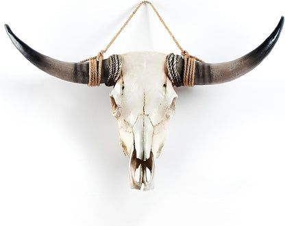 XOUXYJUN 31 Inch Cow Skull Wall Decor, Long Horn Wall Hanging, Faux Longhorn Skull Faux Taxidermy Animal Head, Handmade Resin Home Sculpture Faux Bull Horns for Wall (Brown)