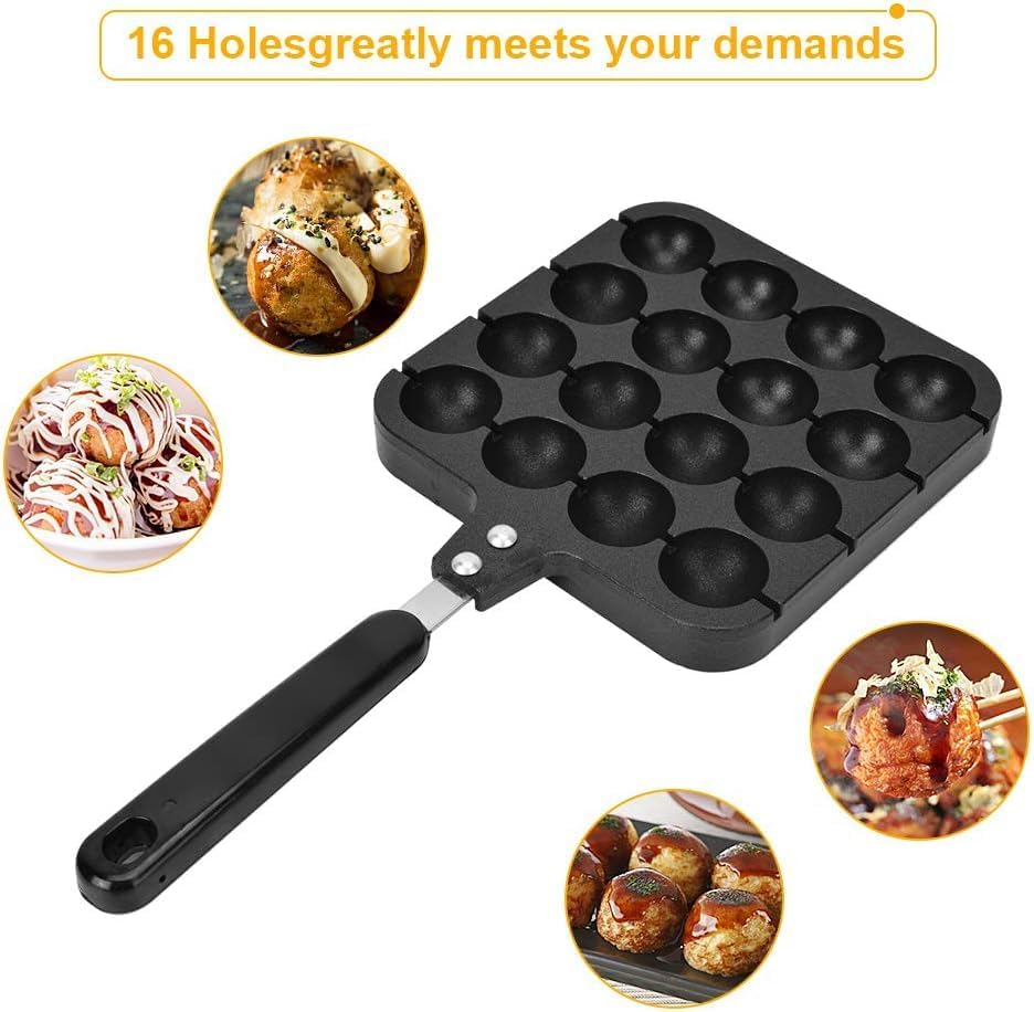 Takoyaki Baking Tray - 16 Holes Takoyaki Grill Pan Maker for Japanese Octopus Meatballs with 4 Baking Pins
