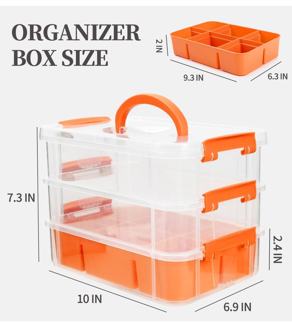 Eppingwin 3 Layers Craft Storage Box, Storage Bins with Lids, Plastic Storage Container Box with Removable Bin, Organizer for Tools, Beads, Sewing (Orange)