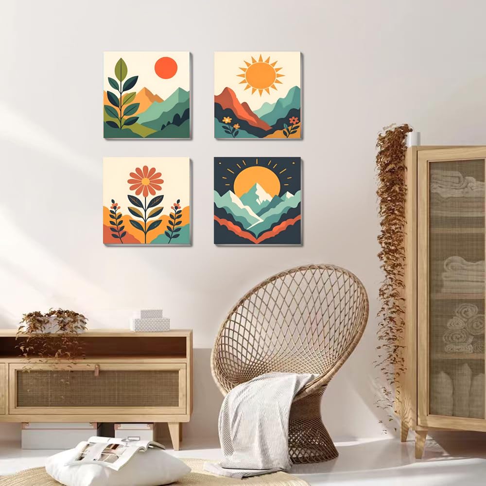 4 Pack Framed Paint by Numbers Kit for Kids & Adults Beginners, Easy Sunset Landscape Paint by Numbers Kits with Canvas Paints Brushes, Acrylic Oil Painting Arts and Crafts for Wall Decor 8 x 8 Inch