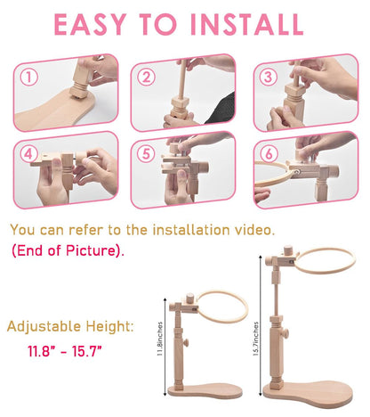 TINDTOP Beech Wood Embroidery Hoop Stand, with 3pcs Embroidery Hoops (3inch + 6inch + 8inch), Adjustable Rotated Wooden Embroidery Hoop Holder for Cross Stitch and Embroidery Projects