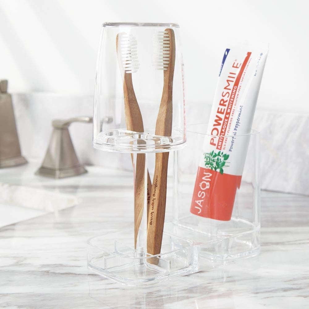 Countertop mDesign Modern Plastic Bathroom Vanity Toothpaste & Toothbrush Holder Stand with Rinsing Cup/Cover - Dental