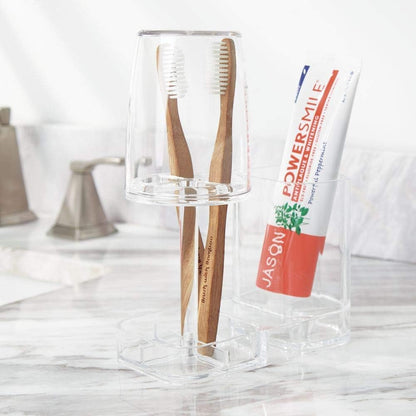 Countertop mDesign Modern Plastic Bathroom Vanity Toothpaste & Toothbrush Holder Stand with Rinsing Cup/Cover - Dental