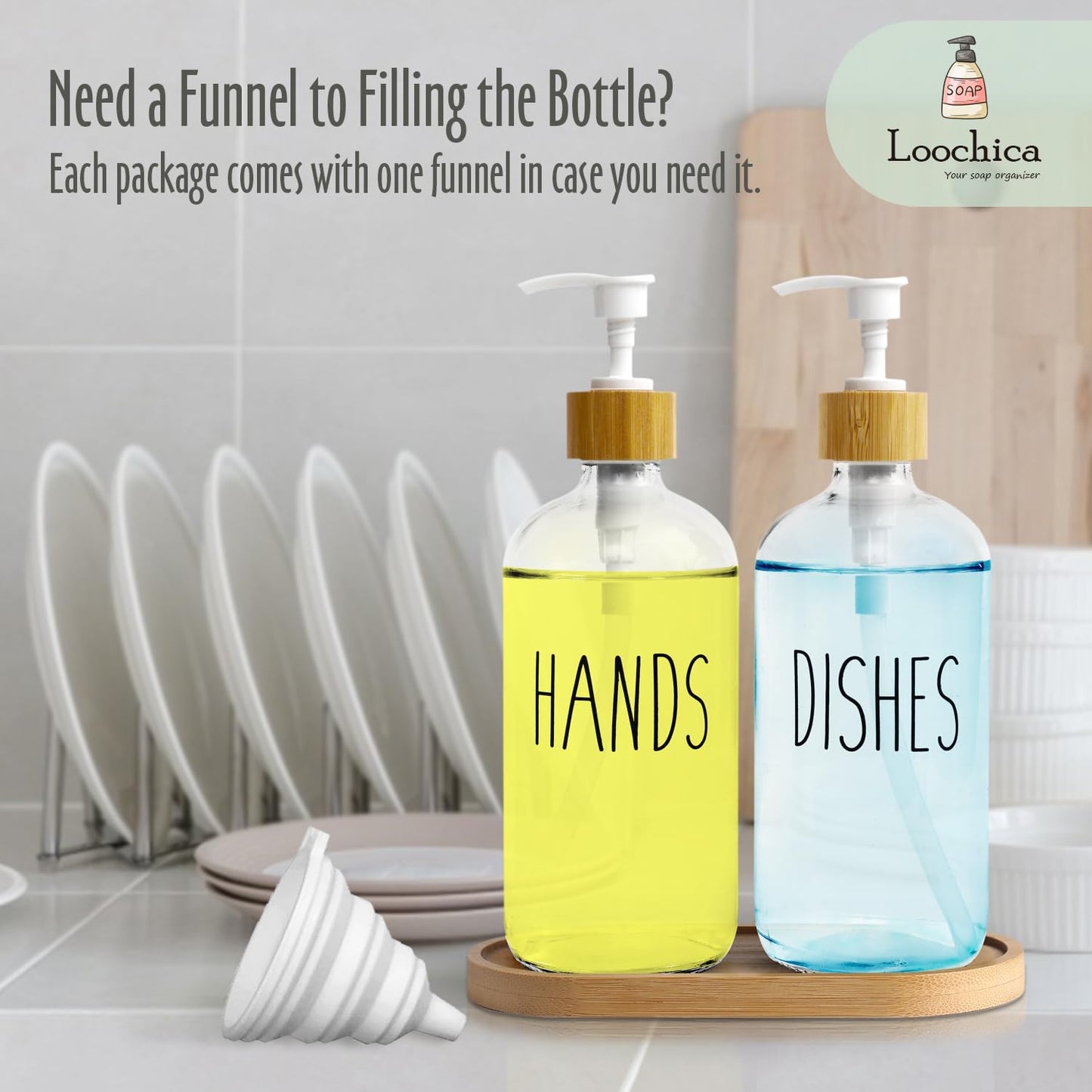 LOOCHICA Clear Glass Soap Dispenser Set with Tray, Transparent Dish and Hand Soap Dispenser Set, Refillable Reusable Apothecary Soap Pump Dispenser Bottles for Bathroom and Kitchen