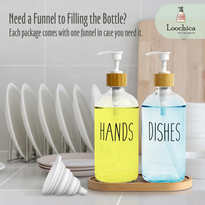 LOOCHICA Clear Glass Soap Dispenser Set with Tray, Transparent Dish and Hand Soap Dispenser Set, Refillable Reusable Apothecary Soap Pump Dispenser Bottles for Bathroom and Kitchen