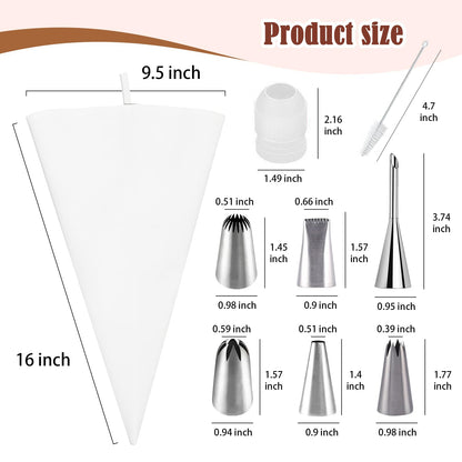 9-Piece Reusable Piping Bags and Tips Set- Cotton Baking Kit with Coupler, Stainless Steel Nozzles & Cleaner for Cakes/Cupcakes/Cookies Decorating