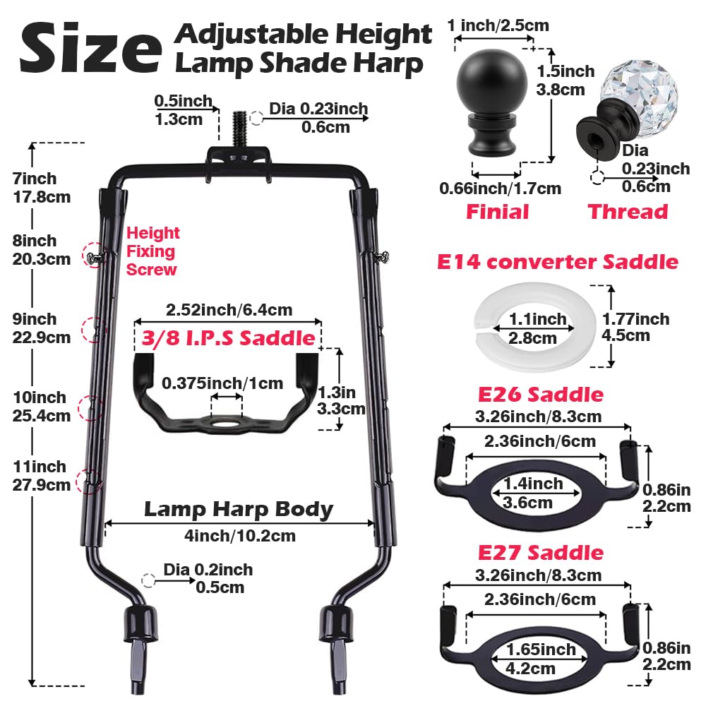 Asjeumt 8 9 10 11 inch Black Lamp Shade Harp Holder, Adjustable Height Harp Kit with Crystal & Metal Finial, DIY Replacement Making Repair Lampshade Bracket E14 E26 E27 Adapter Base Table Floor Light