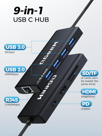 QGeeM USB C Hub Ethernet,9 in 1 USB Type C Hub HDMI Multi-Port Converter Adapter,100W Pd, USB 3.0,SD/TF Card Reader,Compatible for MacBook Pro Air Ipad HP Dell Lenovo Chromebook etc.