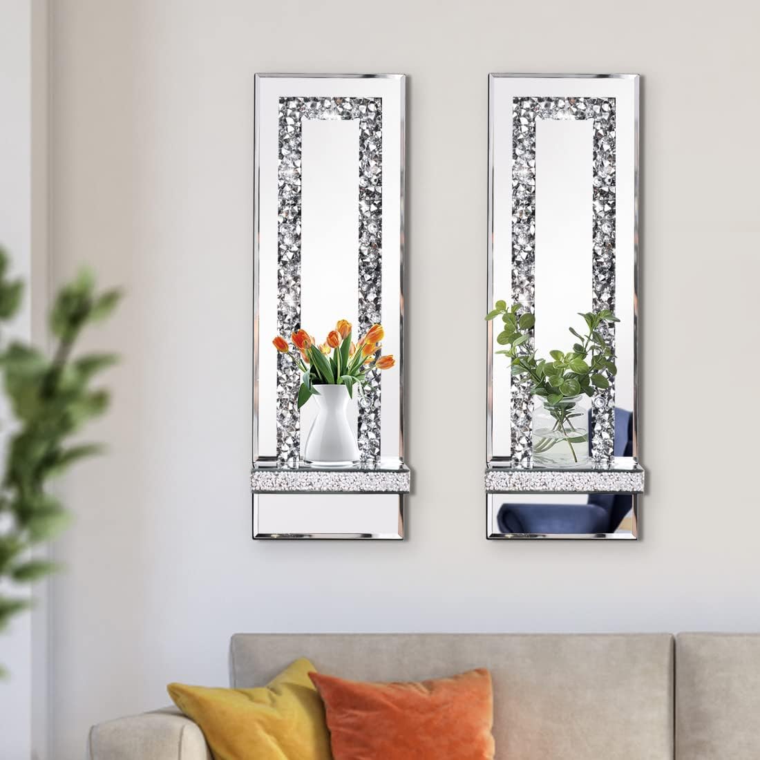 Aeveco Set 2, 4)) Crystal Crush Diamond Mirrored Candle Sconces, Silver Wall Candle Holder of Wall Decorations