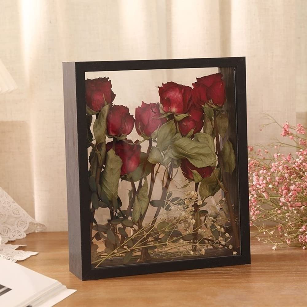 XIYUAN Wooden Dried Flower Display Stand - Decorative Floating Photo Frame - Clear Double-sided - Desktop Souvenir - Herbarium Photo Frame (8x10''/Black)