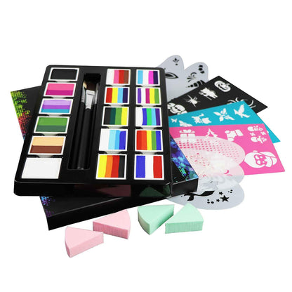 BVENDANO 16x10 gm Face Paint Professional Face Painting Kit for Adults with Stencils, Water Based Facepaint One Stroke Split Cake Palette Rainbow Body Paint Party Halloween Makeup Set