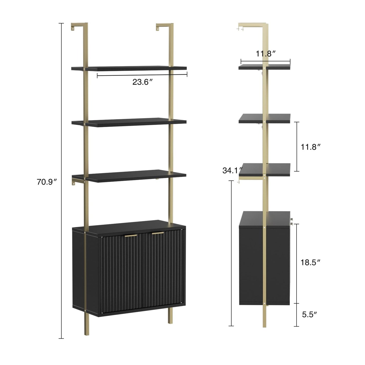 Set of 2 Ladder Bookshelf with Cabinet, 71" Tall Bookcase with Shelves & Storage, Fluted Ladder Shelf with Metal Frame, 6-Tier Display Rack for Living/Bedroom, Home & Office, Black & Gold