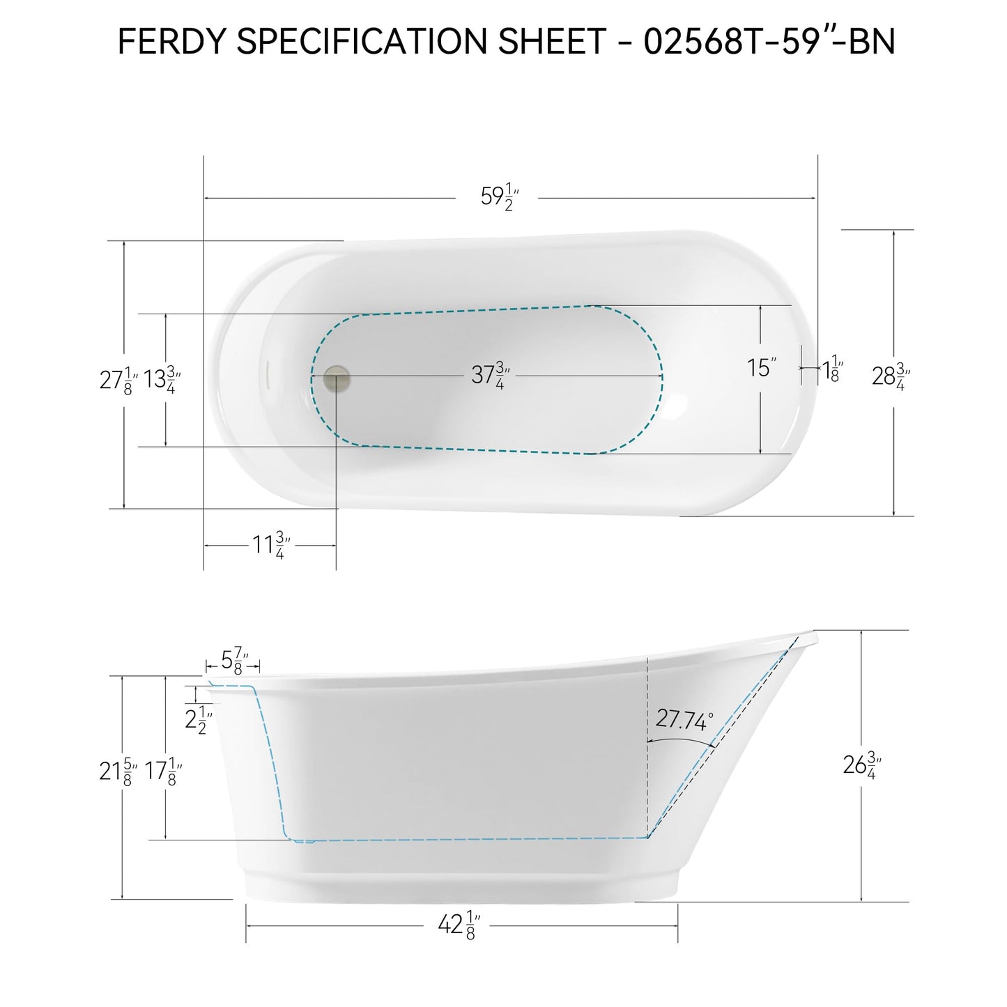 FerdY Langkawi 59" Acrylic Freestanding Bathtub, White Modern Stand Alone Soaking Bathtub, cUPC Certified, Brushed Nickel Drain and Minimalist Linear Design Overflow Included, Easy to Install