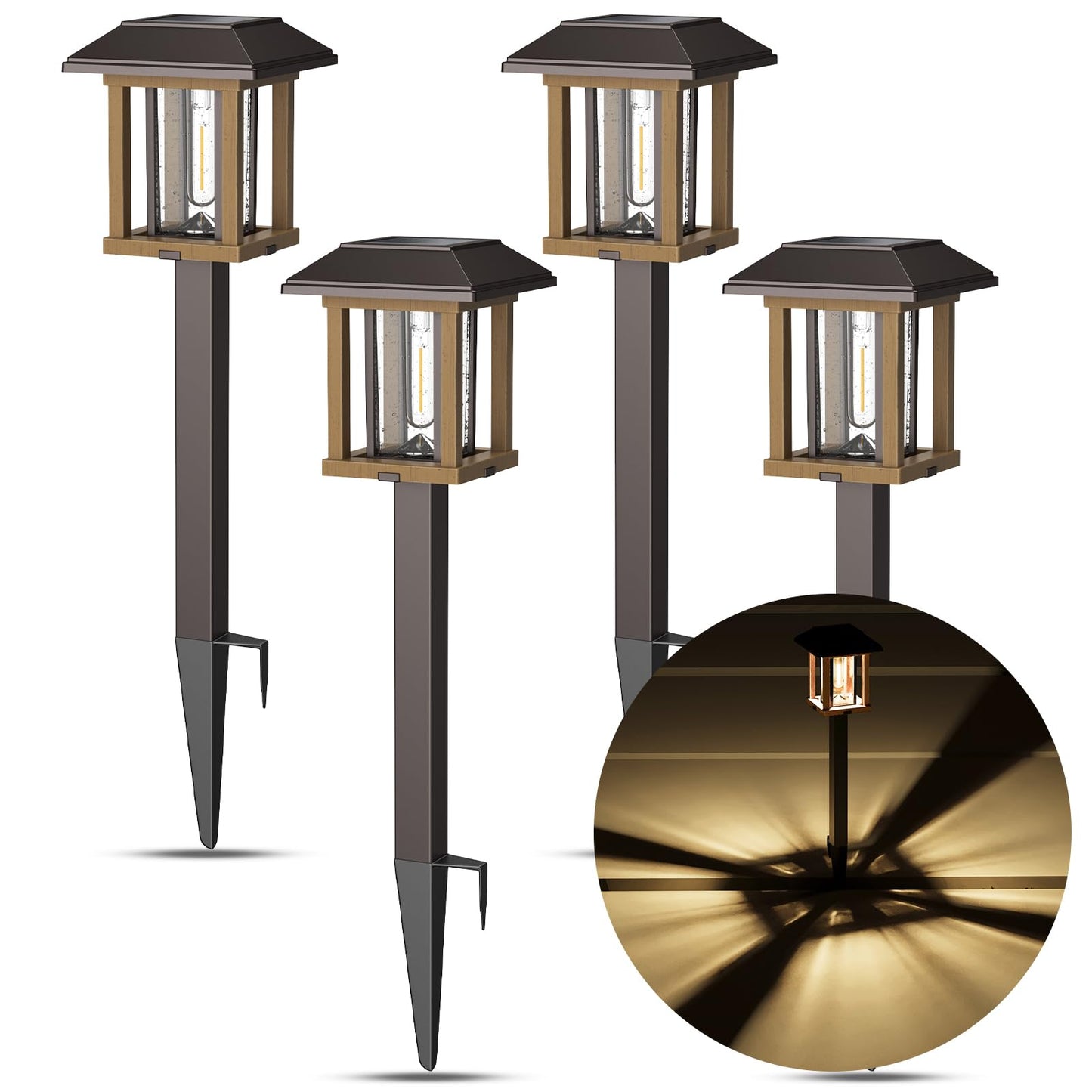 XMCOSY+ Solar Pathway Lights Outdoor, 25 LM LED Garden Lights with Seed Glass, 2-Tone Bronze & Wood Colour, IP65 Waterproof Solar Powered Lighting for Yard Landscape Driveway Walkway (Warm White)