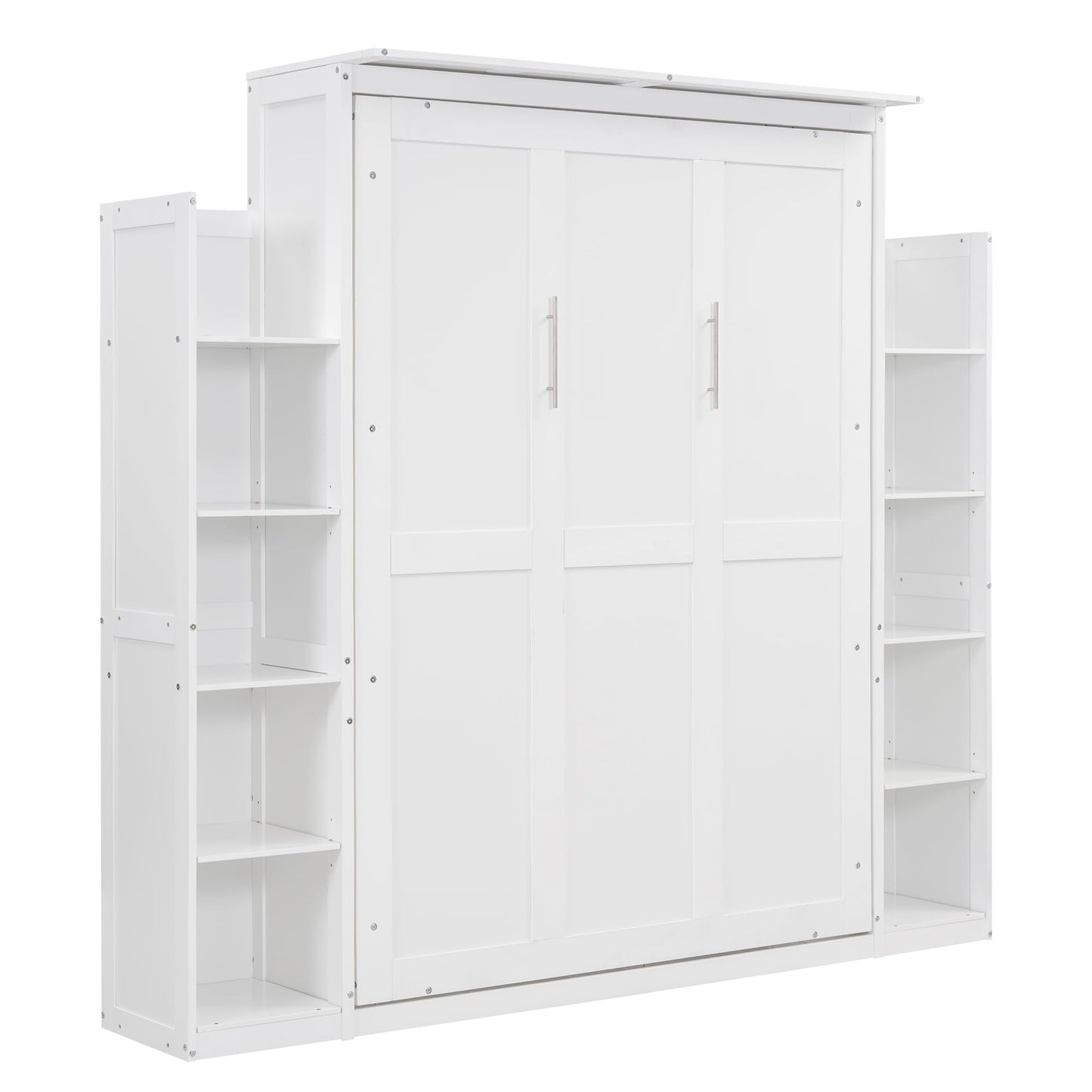 Ball & Cast Full Size Murphy Bed Wall Bed with Shelves and LED Lights,can be Folded,Hideaway Cabinet Frame W/ 2 Five-Layer Cabinets,Slat Support,No Box Spring Needed,for Apartment,Bedroom,White