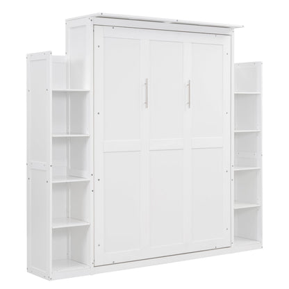 Ball & Cast Full Size Murphy Bed Wall Bed with Shelves and LED Lights,can be Folded,Hideaway Cabinet Frame W/ 2 Five-Layer Cabinets,Slat Support,No Box Spring Needed,for Apartment,Bedroom,White