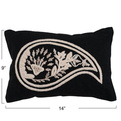 Woven Cotton Slub Lumbar Pillow with Embroidered Paisley