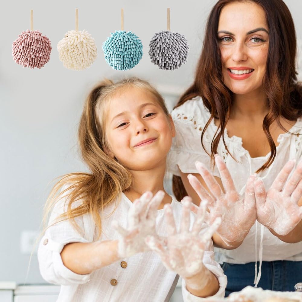 ROWPOZ 2PCS 6.7Inch Absorbent Hanging Hand Towel Ball for Kitchen & Bathroom, Chenille Plush Hand Towel Puff Ball Hand