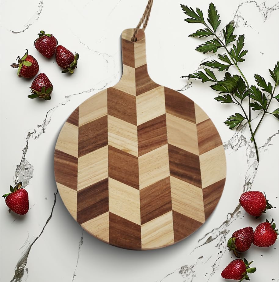 Acacia Wood Round Cutting Board with Handle, 9.85” x 13.75”, for Meat, Cheese, Pizza, Vegetables, Decorative Serving