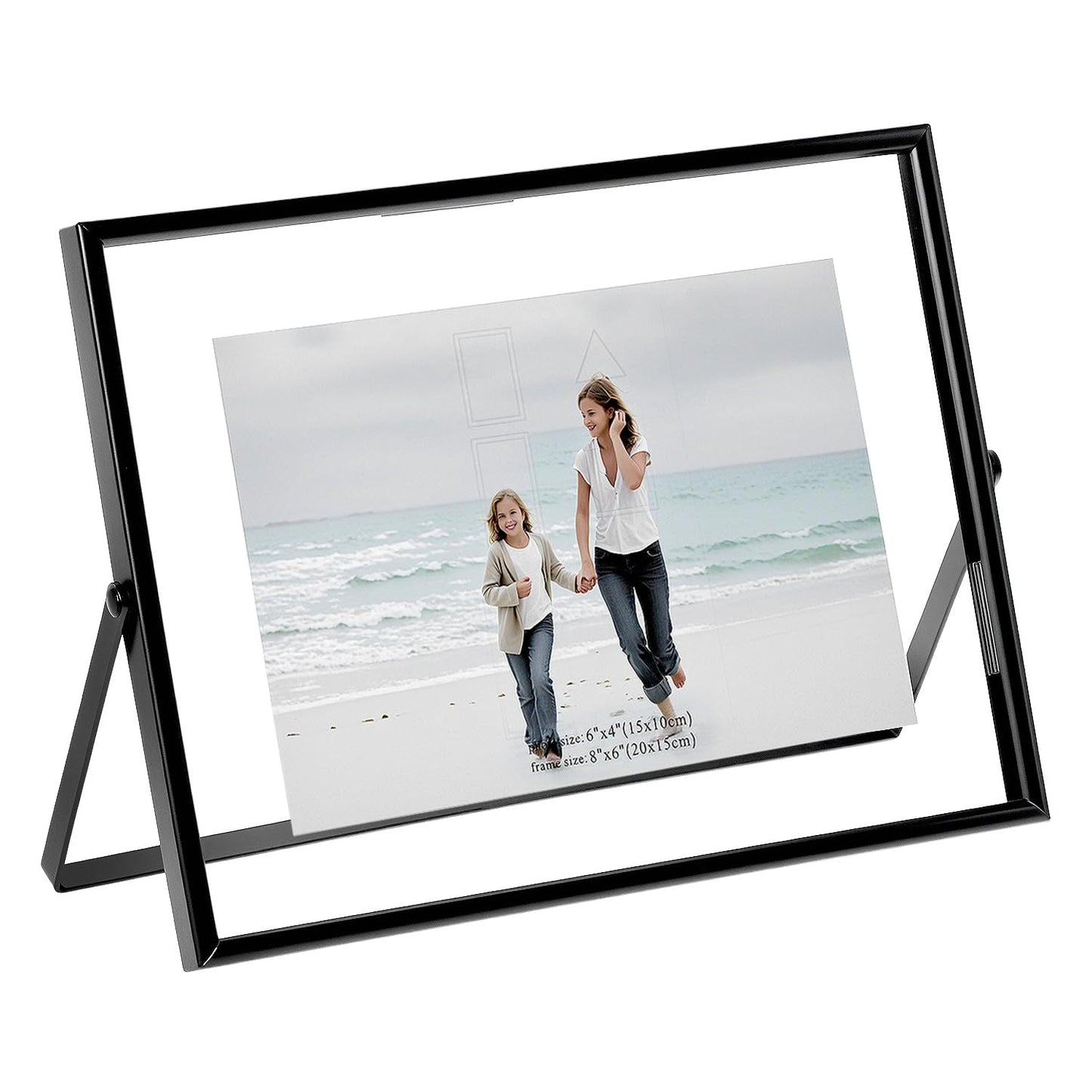 QWORK 6x8 Inch Black Floating Picture Frame Horizontal, Fits 5x7 4x6 3x5 Photos, Glass Double Panel Metal Frame for Tabletop Display