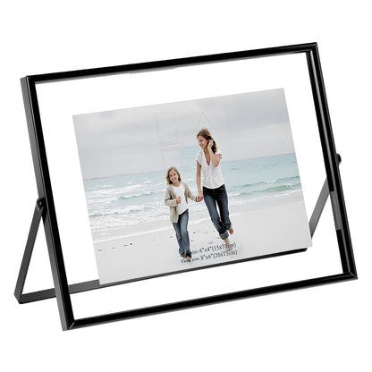 QWORK 6x8 Inch Black Floating Picture Frame Horizontal, Fits 5x7 4x6 3x5 Photos, Glass Double Panel Metal Frame for Tabletop Display