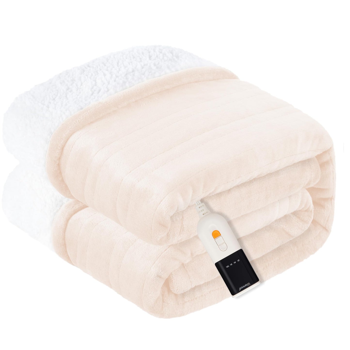 Warmrest Heated Blanket Electric Throw Soft Flannel Sherpa, 6 Heat Levels Fast Heating, 2 to 10 Hours Auto-Off Detachable Controller Machine Washable, Beige 50"x60"