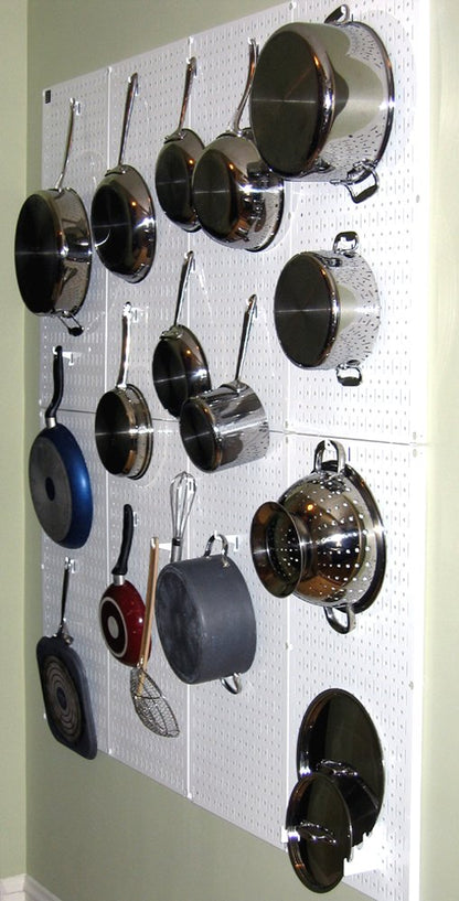 Wall Control Kitchen Pegboard Organizer Pots and Pans Storage Rack Organization Kit with White Pegboard and Black Accessories