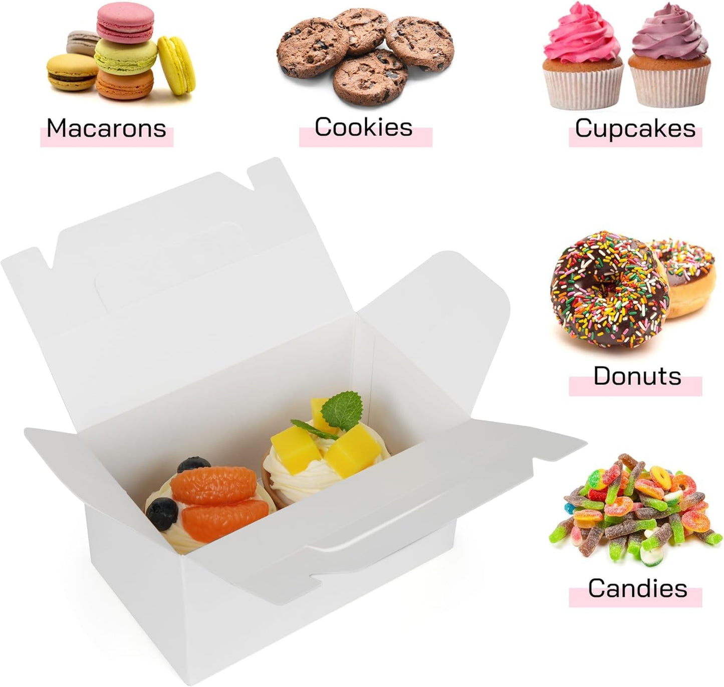 Treelement 24 Pack White Gable Boxes with Handle and Stickers,6×3.5×3.5 Inch Goodie Treat Boxes for Cookie, Party Favors,Birthday,Graduation,Lunch,Holiday Gifting
