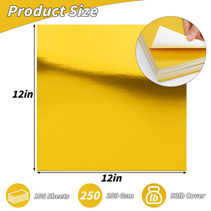 100 Sheets Metallic Gold Cardstock Paper Bulk, Gold Paper Foil Board 12" x 12", Mirror Finish Surface, Gold Glitter Paper 250gsm for Crafting Card Making Invitations Decorations
