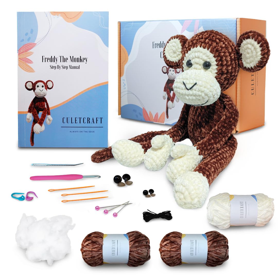 CULETCRAFT Crochet Kit for Beginners Adults, Freddy the Monkey DIY Crochet Animal Kit for Beginners, Learn to Crochet with Step-By-Step Instruction Book, Beginner Crochet Kit for Adults