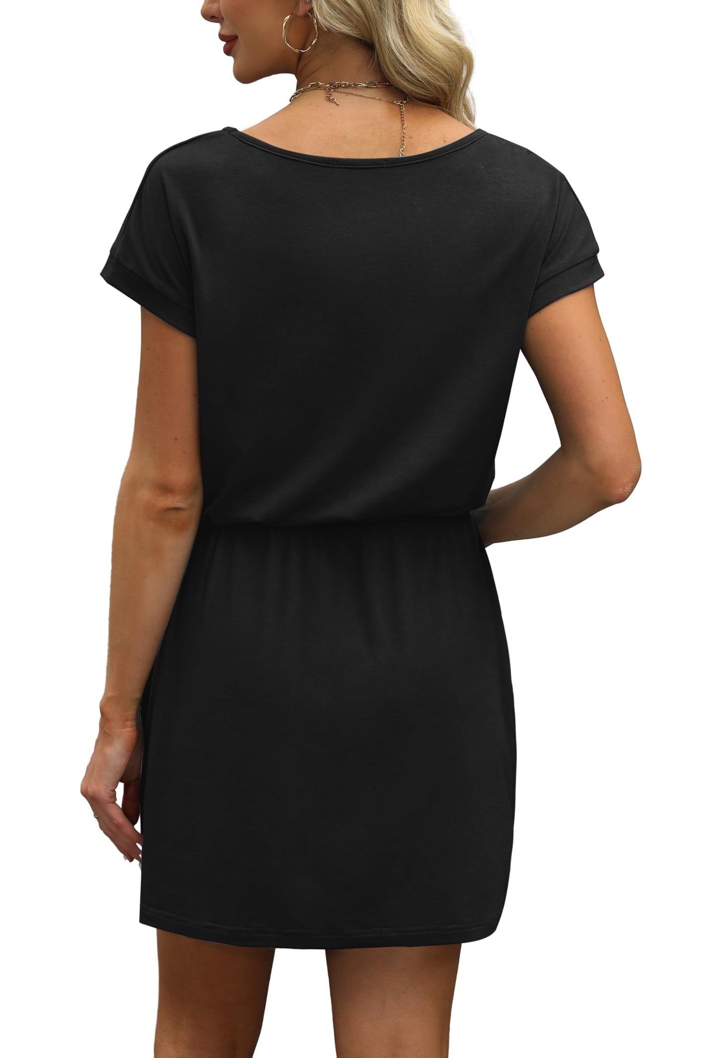 OFEEFAN Beach Vacation Clothes for Women Fashion Summer Dresses for Women 2025 Loose V Neck Casual Dress Sundresses Cover Up with Pockets Black L
