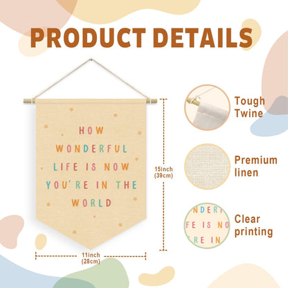 15x11in Nursery Decor, How Wonderful Life Is Now You're in the World Wall Hanging Sign Flag, Positive Affirmations