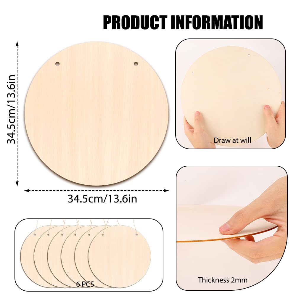 DIYDEC 6 Pack Wood Circles for Crafts 14 Inch Unfinished Wood Slices Blank Wooden Door Hanger Sign Round Wood Discs with Bows Twine Glue Point for DIY Crafts Painting Christmas Home Holiday Decor