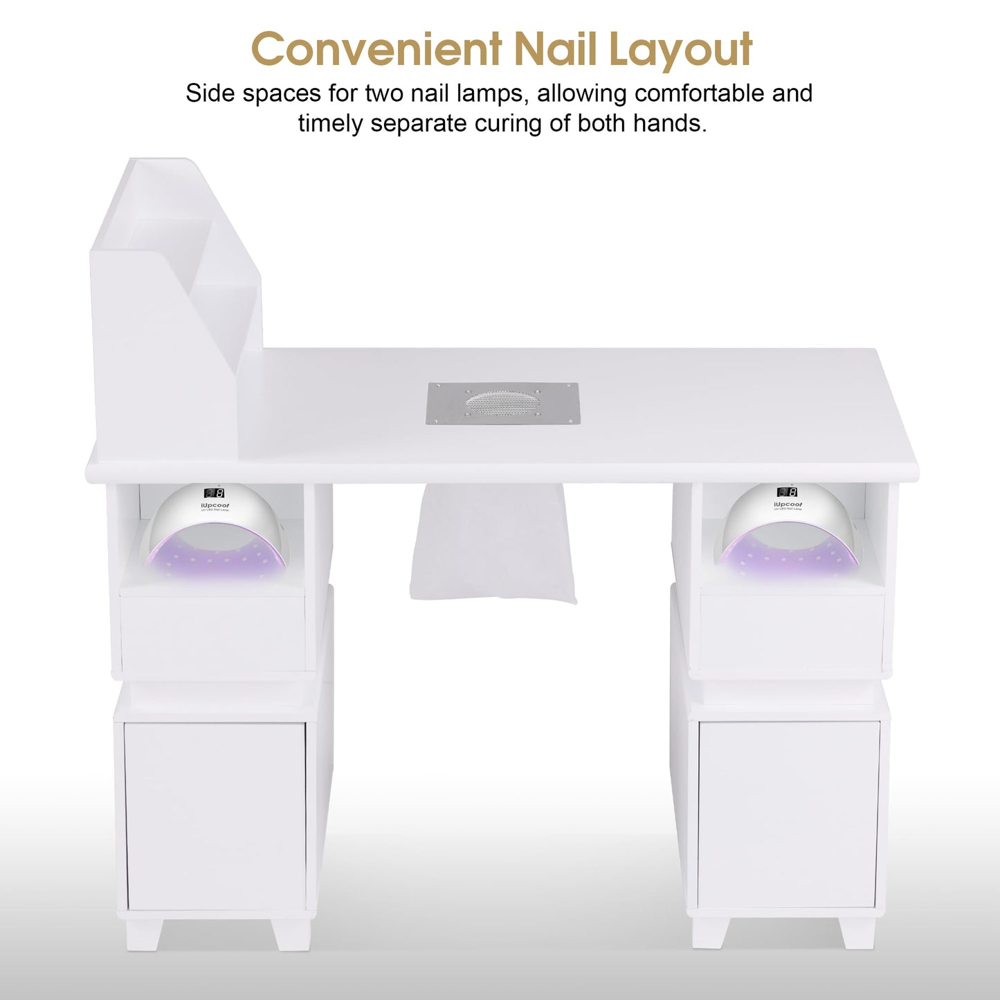 BarberPub Professional Nail Station Desk Manicure Table with Electric Dust Collector, Nail Makeup Desk with Shelves, Storage Beauty Salon Workstation with 4 Drawers Storage Cabinets VC258 (White)