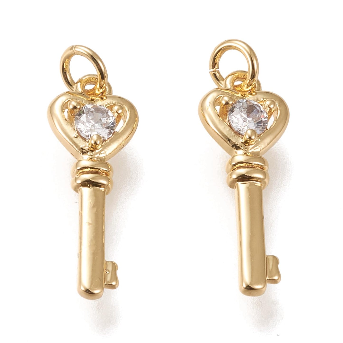 Ipotkitt 10 Pcs Brass Micro Pave Cubic Zirconia Heart Key Charms Golden Clear Hanging Ornaments Skeleton Key Charms for DIY Bracelet Necklace Earrings Making