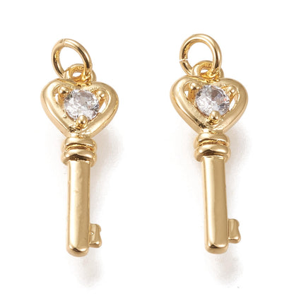 Ipotkitt 10 Pcs Brass Micro Pave Cubic Zirconia Heart Key Charms Golden Clear Hanging Ornaments Skeleton Key Charms for DIY Bracelet Necklace Earrings Making