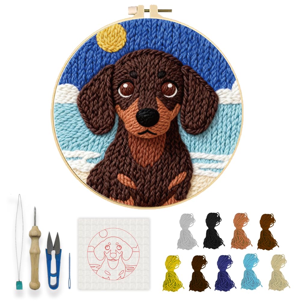 INFUNLY Dachshund Punch Needle Kits for Adults Beginners Brown Dog Needle Embroidery Starter Kit Puppy DIY Punch Needles Kit with Instruction Needles Fabric for Art Crafts Festival Gift Home Decor