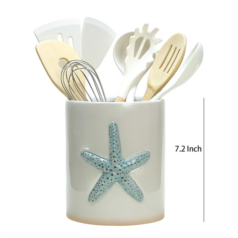 Bicuzat Ceramic Starfish Embossed Utensil Holder, Large Cooking Utensil Crocks for Countertop, Ocean Style Utensil Organizer for Spatula