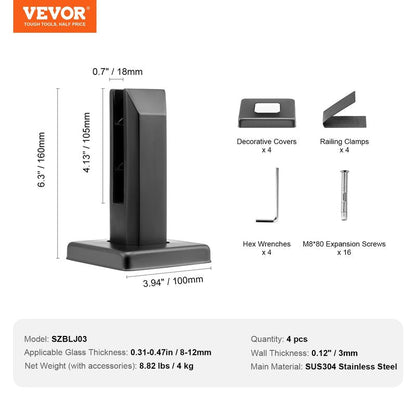 VEVOR Square Glass Railing Bracket - 4 PCS, 304 Stainless Steel, 5/16"-1/2" (8-12mm) Glass Clamp for Balcony, Garden, Deck, Stair