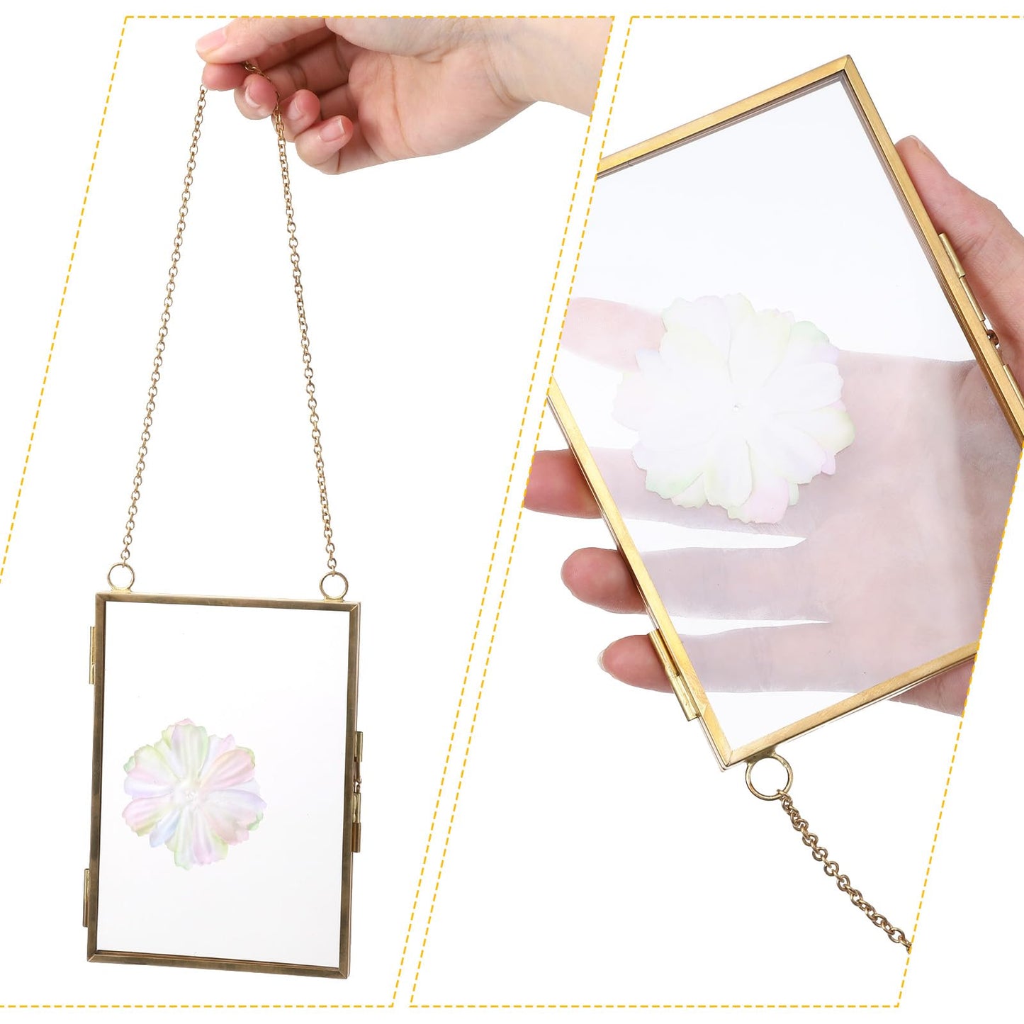 AHQiZFX 6 Pcs Pressed Flower Frames, Double Glass Hanging Picture Frame With Chain, 3 Styles Gold Brass Floating Frame for Dried Flowers, Artwork, Photos, DIY Home Wall Art, Horizontal Vertical