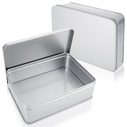 2Pcs Metal Tin Box, 8.6”x 6.3”x 2.5”Rectangular Empty Tin Box Containers with Lids, Large Tinplate Containers for Home Organizer, Gifts, Cookies, Pencil Case, Car Keys, Craft Storage, Silver Tone