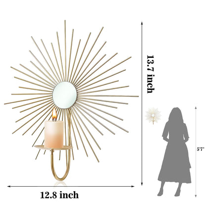 Sxnzequnze 2 Set Candle Sconces Wall Decor for Living Room Metal Sunburst Mirrored Modern Gold Wall-Mounted Candle Holder Sconces Hanging Mounted Fireplace Farmhouse Wedding