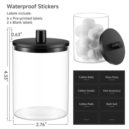 TIPGO Glass Qtip Holder Dispenser - 10 oz Clear Canister Apothecary Jar, Bathroom Vanity Storage Organizer Set for Cotton Swabs, Pads, Floss Picks, Small Containers for Makeup Storage (4 Pack, Black)