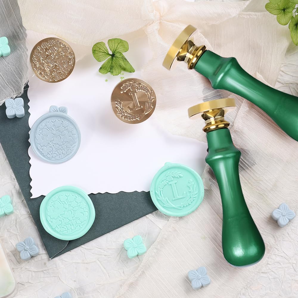 WUERLIN Elegant Initial L Wax Seal Kit,2pcs Exquisite Brass Stamp Heads with Eucalyptus & Flower Designs Ideal for Wedding Invitations Gift Wraps Envelopes and Christmas Cards (Alphabet L Kit)