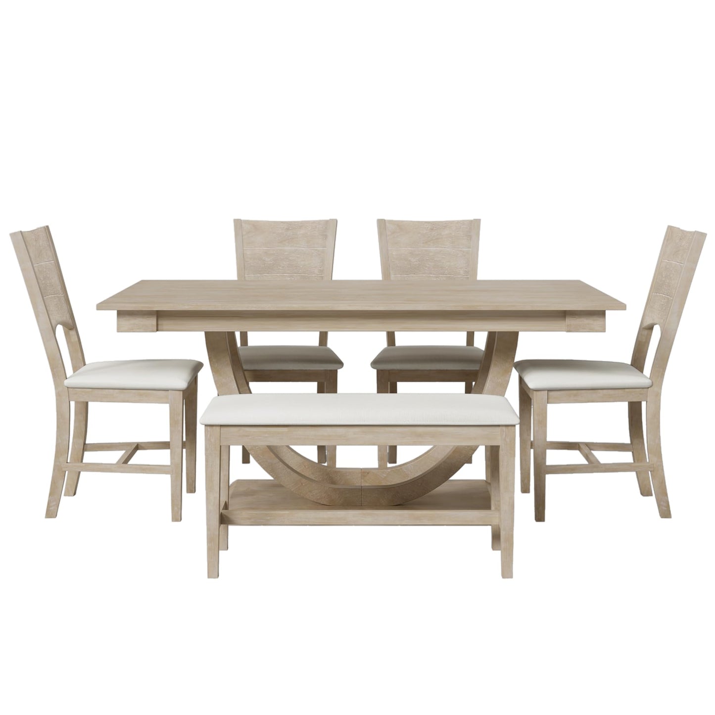Merax 6-Piece Wood Half Round Dining Table Set Kitchen Table Set with Long Bench and 4 Dining Chairs,Modern Style,Natural