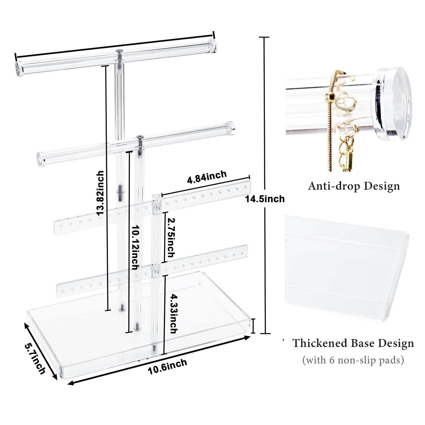 Acrylic Jewelry Organizer Stand with Tray, 4-Tier 14" Tall Tangle-Free Clear Jewelry Display Holder for Hanging Long Necklaces & Bracelets, 40 Earring Holes, Tower Tray Storage for Rings Watch Perfum