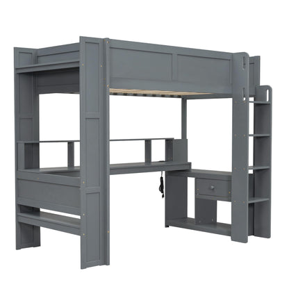 Ball & Cast Twin Size Gaming Loft Bed with Built-in Desk, LED and Charging Station,Wood Loft Bed Frame w/Multi-Storage Shelves,No Box Spring Needed,Ladder,for Kids,Teens,Adults,Dark Gray