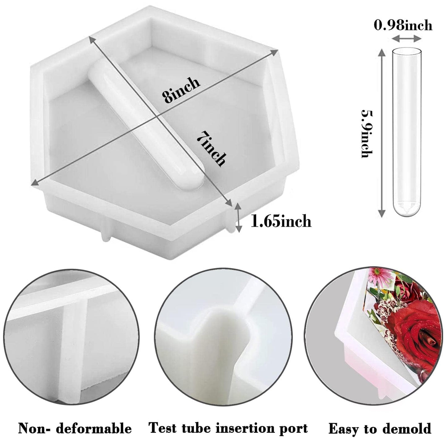 Large Hexagon Silicone Molds for Resin, Glossy Deep Epoxy Resin Molds 9" w/3 Test Tubes，3D Large Resin Molds for Flowers Preservation,Resin Art, DIY Wedding,Anniversary, Birthday Gifts, Home Decors