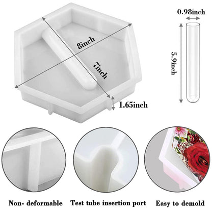 Large Hexagon Silicone Molds for Resin, Glossy Deep Epoxy Resin Molds 9" w/3 Test Tubes，3D Large Resin Molds for Flowers Preservation,Resin Art, DIY Wedding,Anniversary, Birthday Gifts, Home Decors