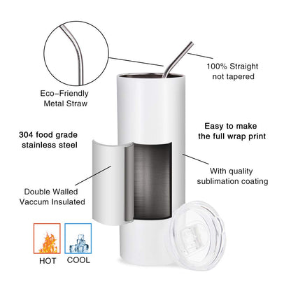PYD Life 24 Pack Sublimation Tumblers Blanks Skinny 20 OZ White Straight Bulk Stainless Steel Cups with Metal Straw and Lid for Tumbler Heat Press Machine Sublimation Print